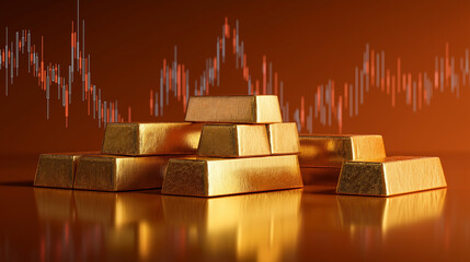 Abstract financial theme background gold bar rising chart upward arrow investment growth increasing profit.