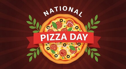 Celebrate national pizza day with a delicious pie, adorned with pepperoni, olives, and fresh basil, set against a warm, inviting backdrop
