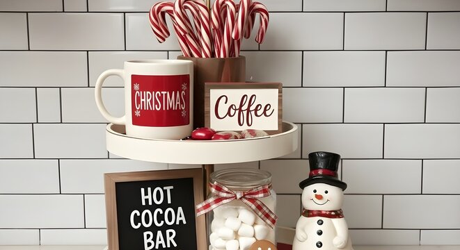 Festive two tiered tray with christmas mug candy canes and hot cocoa bar sign on a white counter