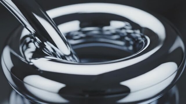 Macro slow motion close-up of silvery liquid metal flowing smoothly and continuously assembling into an endless self-propelled toroidal loop toroidal, macro, background
