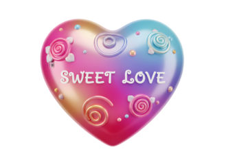 Sweet love heart candy with swirls and pearls, romantic concept isolated on transparent background