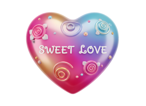 Sweet love heart candy with swirls and pearls, romantic concept isolated on transparent background