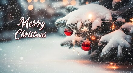 Snow covered christmas tree with red ornaments and merry christmas text overlay in winter scene