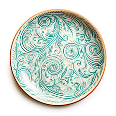 Rustic ceramic plate with speckled glaze and brown rim, ideal for food styling, plating, and culinary photography