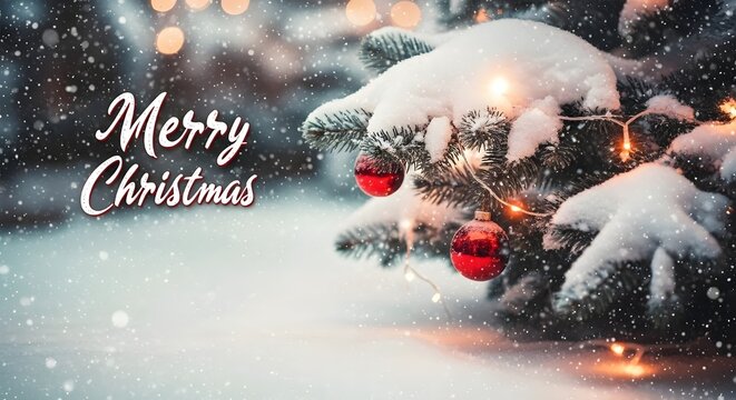 Snow covered christmas tree with red ornaments and merry christmas text overlay in winter scene