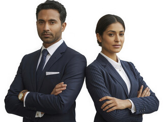 Professional indian business couple standing confidently with arms crossed exuding professionalism and success