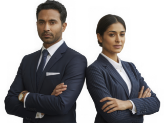Professional indian business couple standing confidently with arms crossed exuding professionalism and success