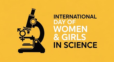 Celebrating international day of women and girls in science with a microscope icon on a yellow background, promoting gender equality in stem fields
