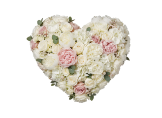Heart-shaped floral arrangement with white and pink blooms and pearls. isolated on transparent background