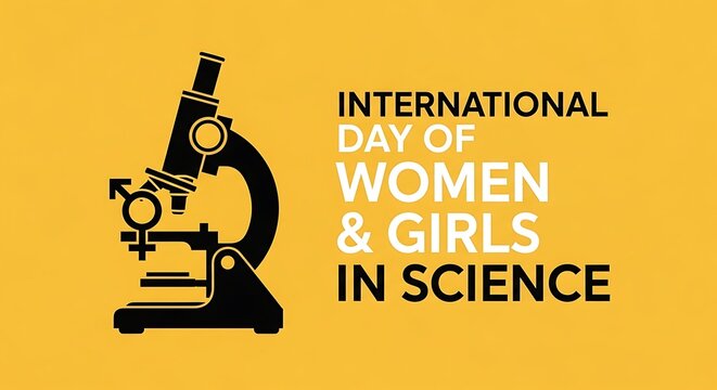 Celebrating international day of women and girls in science with a microscope icon on a yellow background, promoting gender equality in stem fields