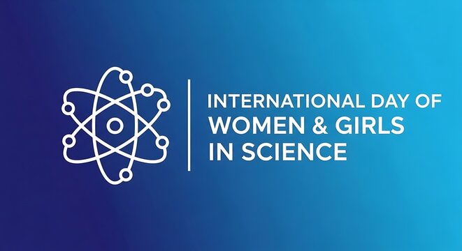 Celebrating international day of women and girls in science with an atom icon on a blue gradient background, promoting gender equality in stem - Powered by Adobe