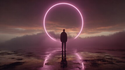 A solitary figure gazes at a luminous portal under a mystic sky landscape