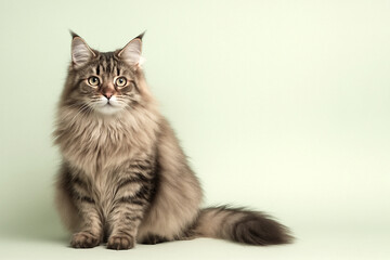 Fluffy Maine Coon cat sitting on a pastel green background. Minimal, clean studio composition with soft lighting and copy space &mdash; perfect for pet branding, advertising, and lifestyle visuals.
