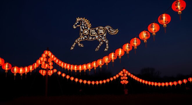 Chinese Lanterns and Horse Decoration at Night Celebration