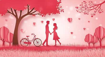 Romantic valentines day illustration featuring a couple holding hands under a tree with hearts and a bicycle in a dreamy pink landscape