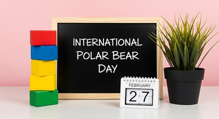 International polar bear day celebration with blackboard, calendar showing february 27th, colorful blocks and plant on white table against pink background