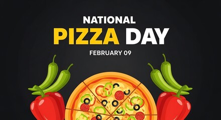Celebrate national pizza day on february 9th with this vibrant graphic featuring a delicious pizza and colorful peppers on a dark background