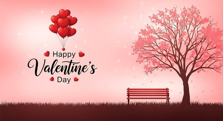 Romantic valentines day scene with heart balloons, tree, bench, and happy valentines day text on pink background for love and celebration