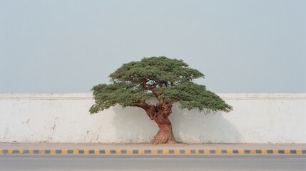 A solitary tree stands defiantly against a white wall under a serene sky capturing minimalist beauty