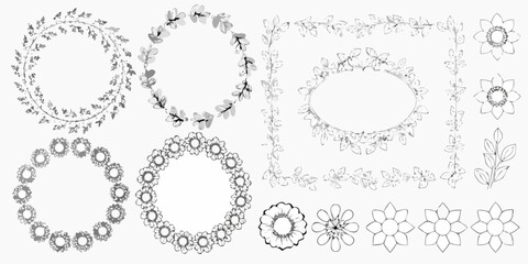 Collection of hand drawn floral wreaths frames and flowers in black and white sketch style