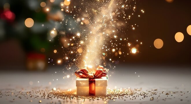 A present with a red bow emitting a burst of golden sparkles with a christmas tree in the background