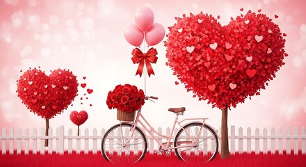 Romantic valentines day scene with bicycle, hearts, and balloons, perfect for cards, posters, and social media posts to celebrate love