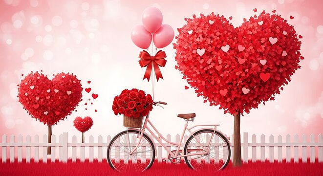 Romantic valentines day scene with bicycle, hearts, and balloons, perfect for cards, posters, and social media posts to celebrate love