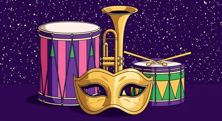 A vibrant mardi gras illustration featuring a mask, trumpet, and drums, capturing the festive spirit of the carnival celebration with music and masquerade