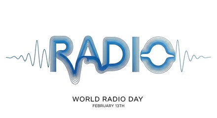 World radio day celebrated on february 13th with a blue radio text and waveform, symbolizing global communication and the power of broadcasting