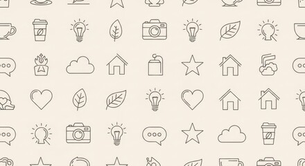 Variety of minimalistic line icons representing everyday objects and concepts in a seamless pattern
