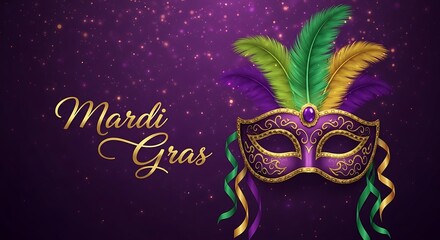 Elegant mardi gras mask with feathers on a shimmering purple background, evoking the spirit of celebration and festive masquerade balls