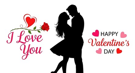 Romantic silhouette of a couple in love embracing with valentines day greetings, rose and heart isolated on white background perfect for cards and banners