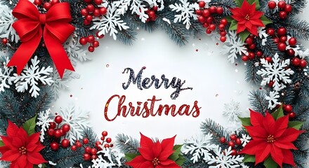 Merry christmas text surrounded by pine branches poinsettias snowflakes and a red bow on a white background