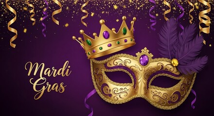 Elegant mardi gras mask with crown and feathers on purple background, perfect for celebrating the festive carnival season with style and grace