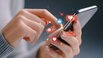 Woman using smartphone with social media notifications and digital icons.