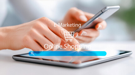 Woman using smartphone for online shopping with e-marketing interface display.