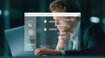 Businessman using laptop with AI chat interface and message icons.