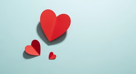 Three red paper hearts of different sizes on a light blue background, casting shadows, creating a simple and minimalist valentines day card design