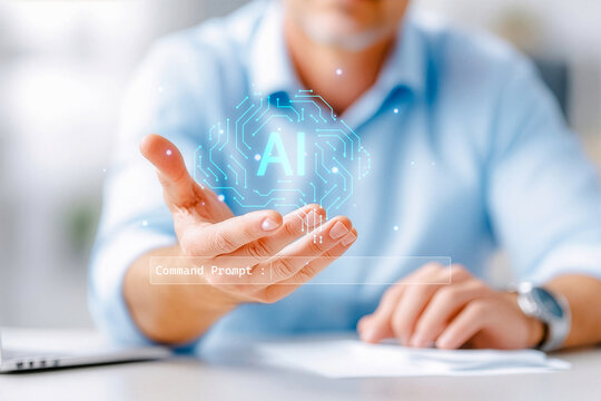 Businessman holding glowing AI digital brain hologram above his hand. - Powered by Adobe