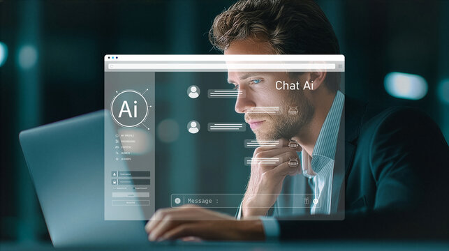 Businessman using laptop with AI chat interface and message icons. - Powered by Adobe