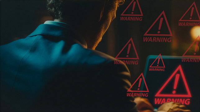 Businessman using laptop with cyber threat warning signs.