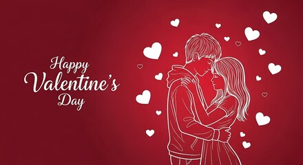 Romantic valentines day illustration with couple hugging and hearts on red background, perfect for greeting cards, banners, and social media posts
