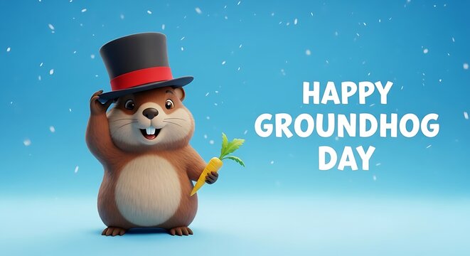 Cute groundhog wearing a top hat and holding a carrot, celebrating groundhog day with a cheerful expression on a blue background, happy groundhog day - Powered by Adobe