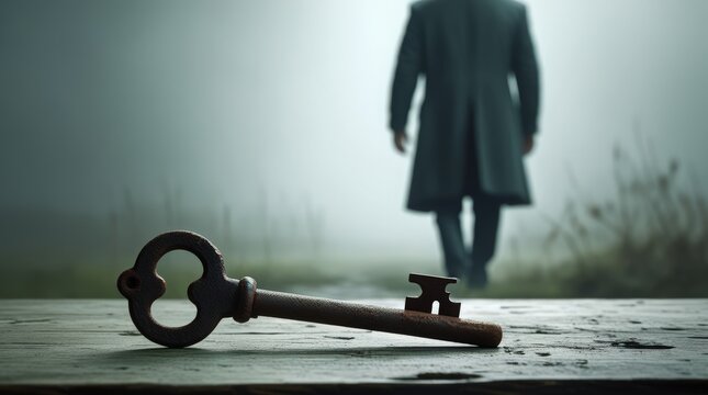 A key lies before a mysterious figure