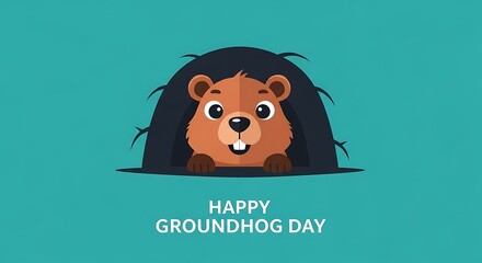 Happy groundhog day illustration with cute groundhog coming out of his burrow, groundhog day greeting card, february 2nd holiday, teal background