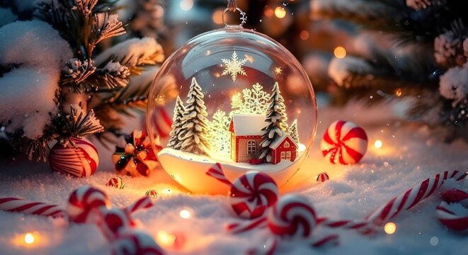 A christmas snow globe with a house and trees surrounded by candy canes and christmas tree branches