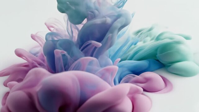 Macro slow motion shot of gentle swirling pastel color inks mixing together in a milky bath creating organic shapes and patterns slow, color, reaction