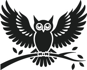 Obraz premium Black owl silhouette with spread wings perched on a branch with leaves