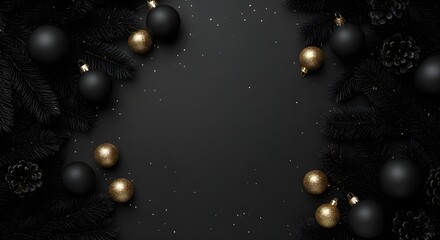 Elegant christmas arrangement with black and gold ornaments on a dark background with glitter