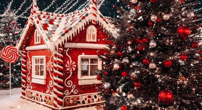Gingerbread house with christmas tree and candy cane decorations under falling snow at night time scene